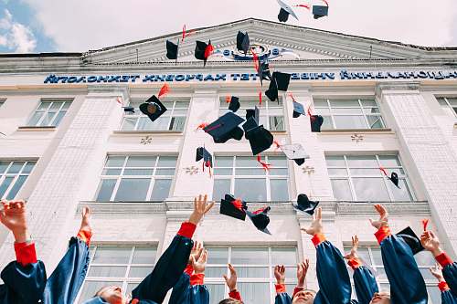 traffic light group of fresh graduates students throwing their academic hat in the air human